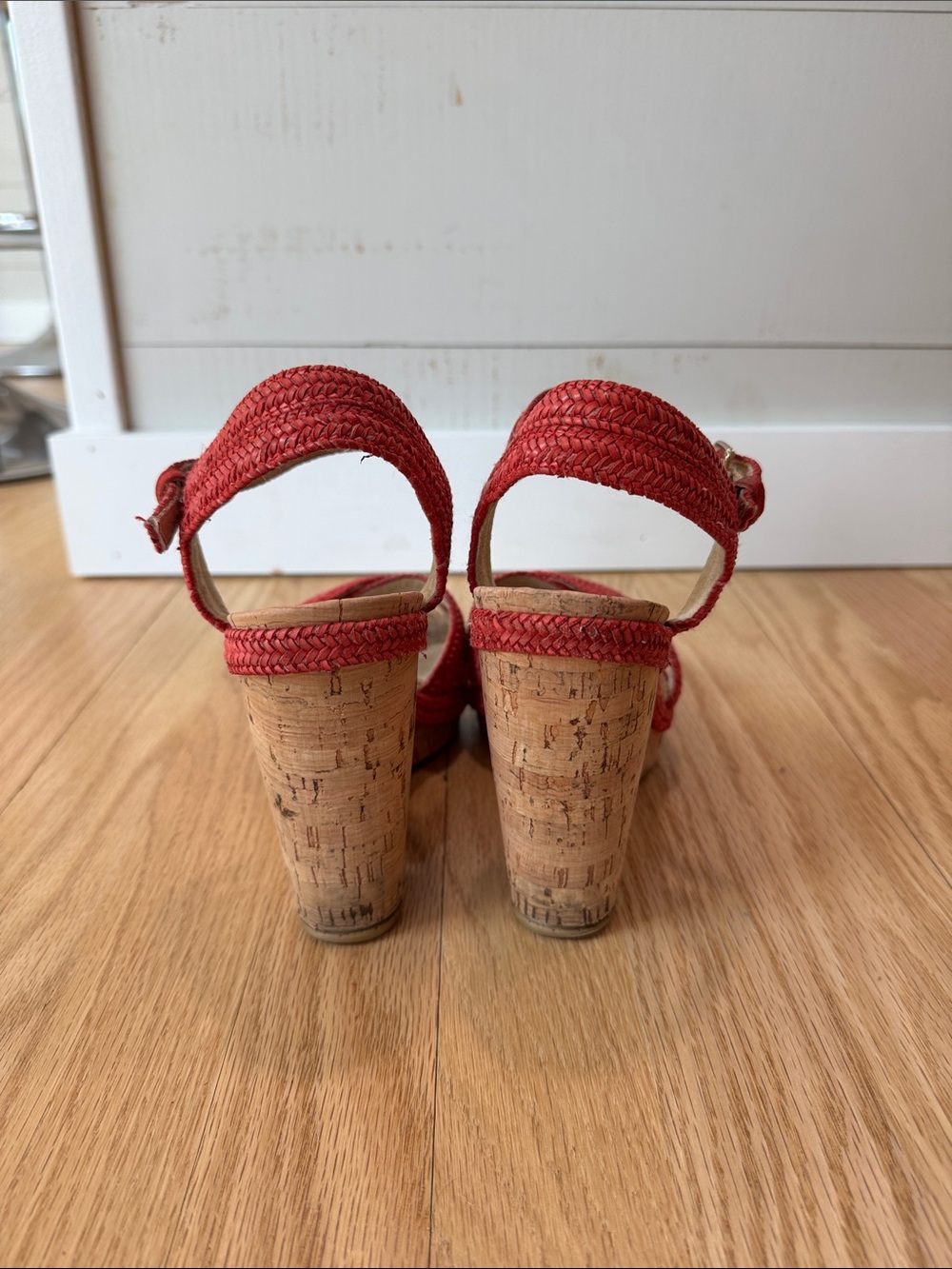 Stuart Weitzman Red Woven Cork Wedge Sandals - Picture 6 of 9